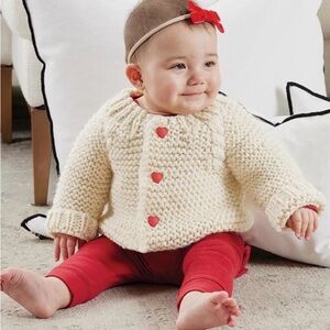 Stephan Baby Cream Knit Baby Cardigan with Red Heart Buttons 0-6 mo